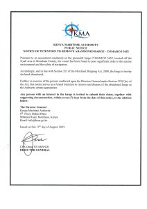 NOTICE OF INTENTION TO REMOVE ABANDONED BARGE